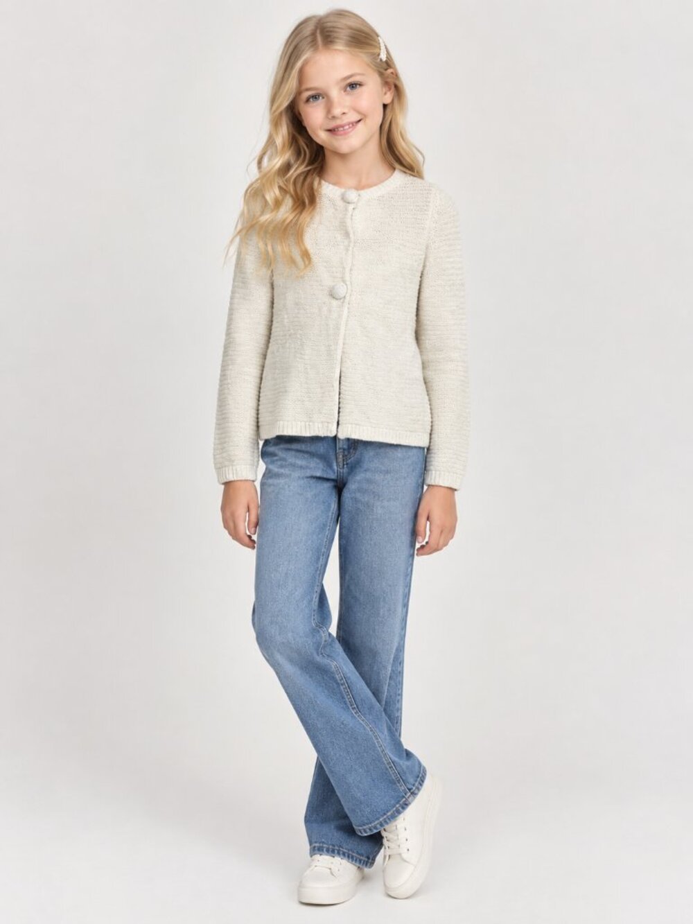 TAHARI Girls Embellished Snap Button Cardigan Ecru Medium #A4519
